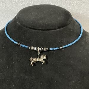 12”-14” Blue Beaded Choker Necklaces with Silver Toned Horse Charm GnuFashion